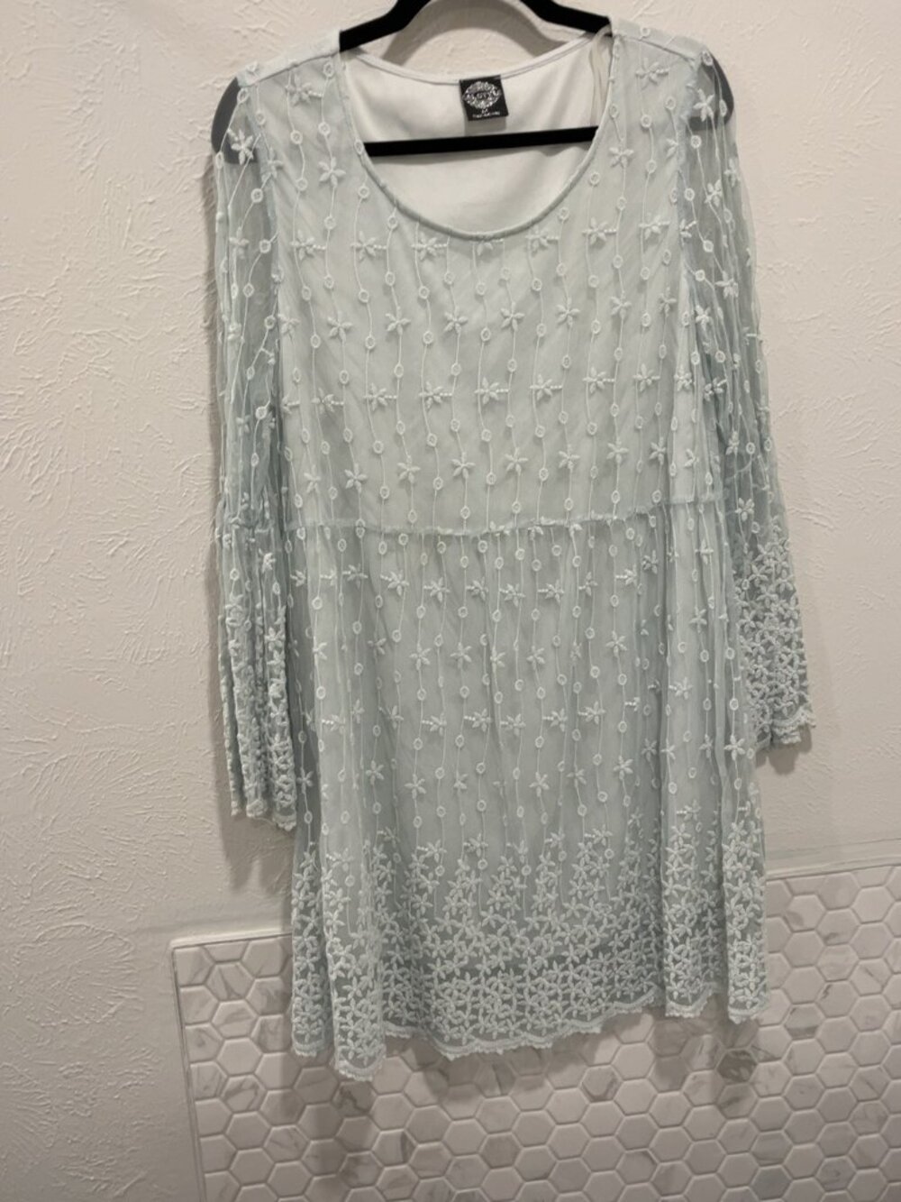 Cal Style Blue Embroidered Mesh Lace Bell Sleeve Dress M Boho Cottagecore